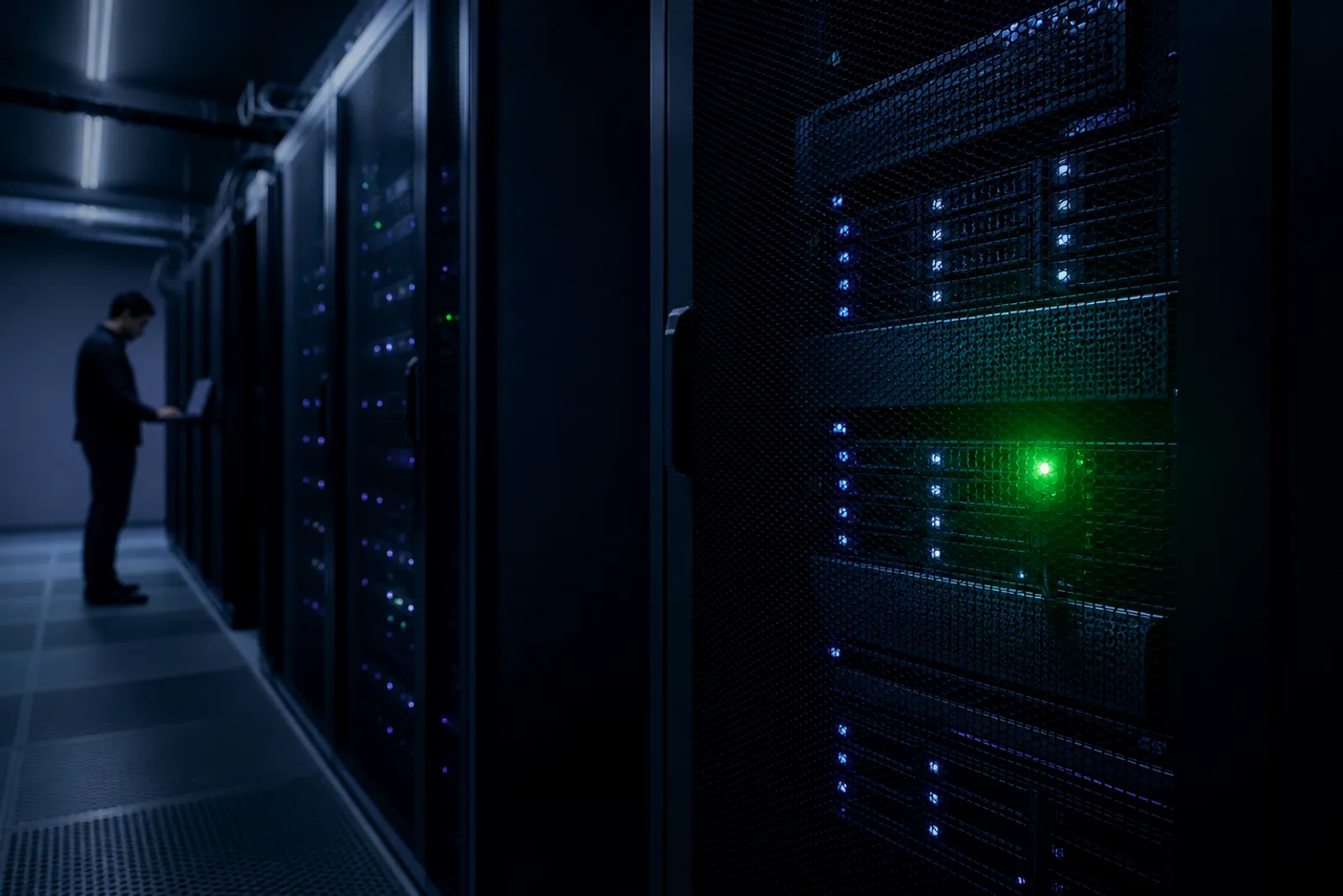 A server room showcasing active Tor hosting servers in a moody environment.