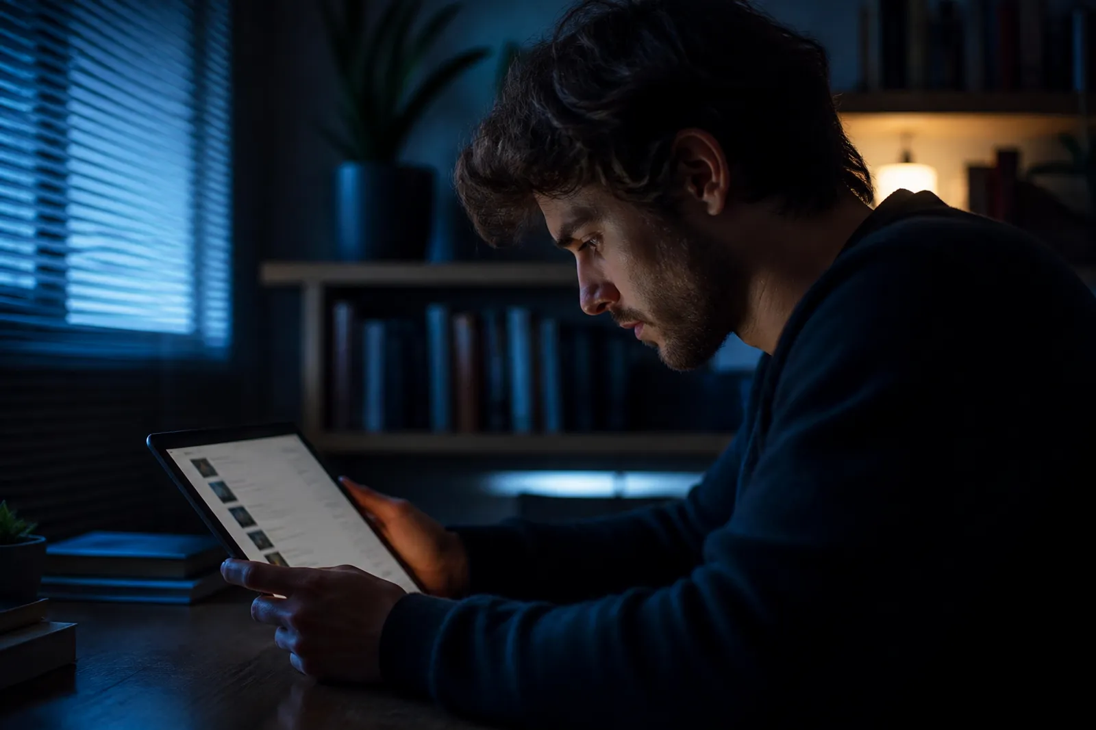 A user reviews curated verified onion links on a tablet in a cozy workspace.