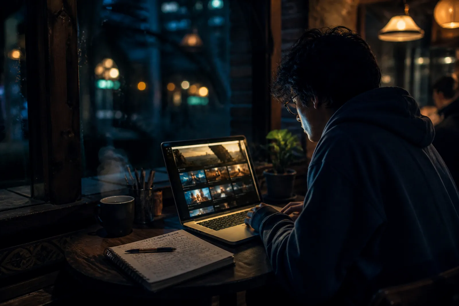A user exploring a dark web video search engine in a café setting.