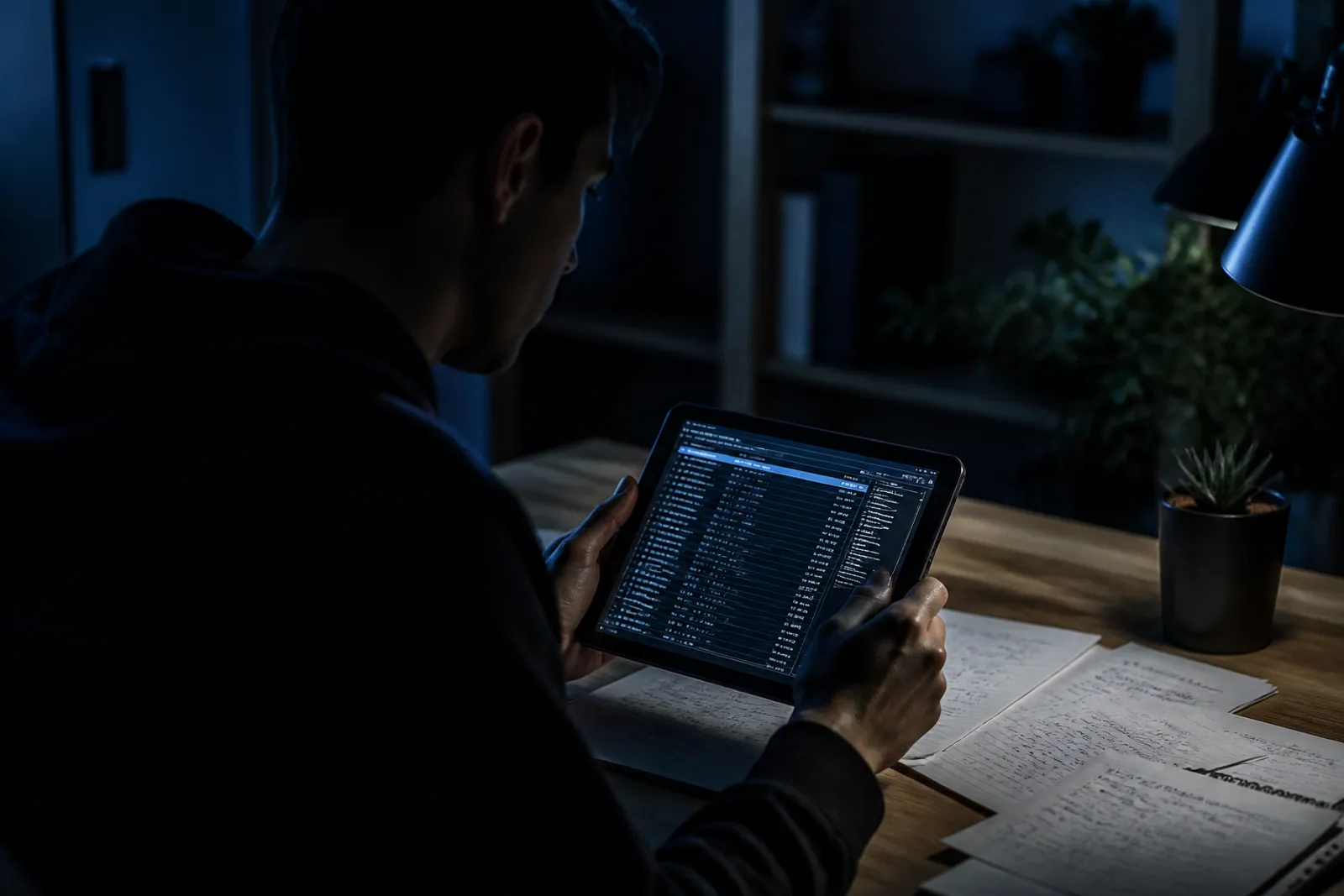 A user exploring TheHiddenWiki.org on a tablet in a cozy, dimly lit room.