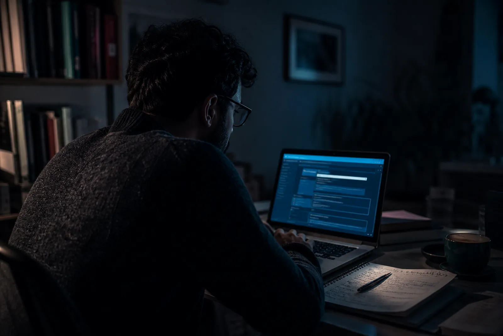 A person using a laptop in a dark room, accessing Facebook through Tor.
