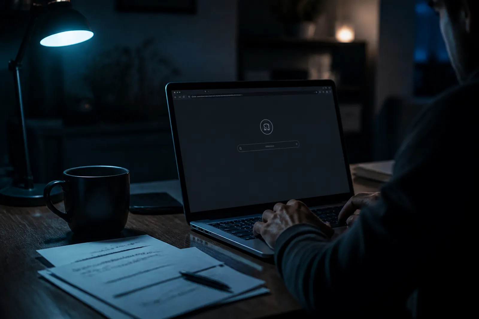 A user is engaged with DuckDuckGo's onion service on their laptop at a desk.
