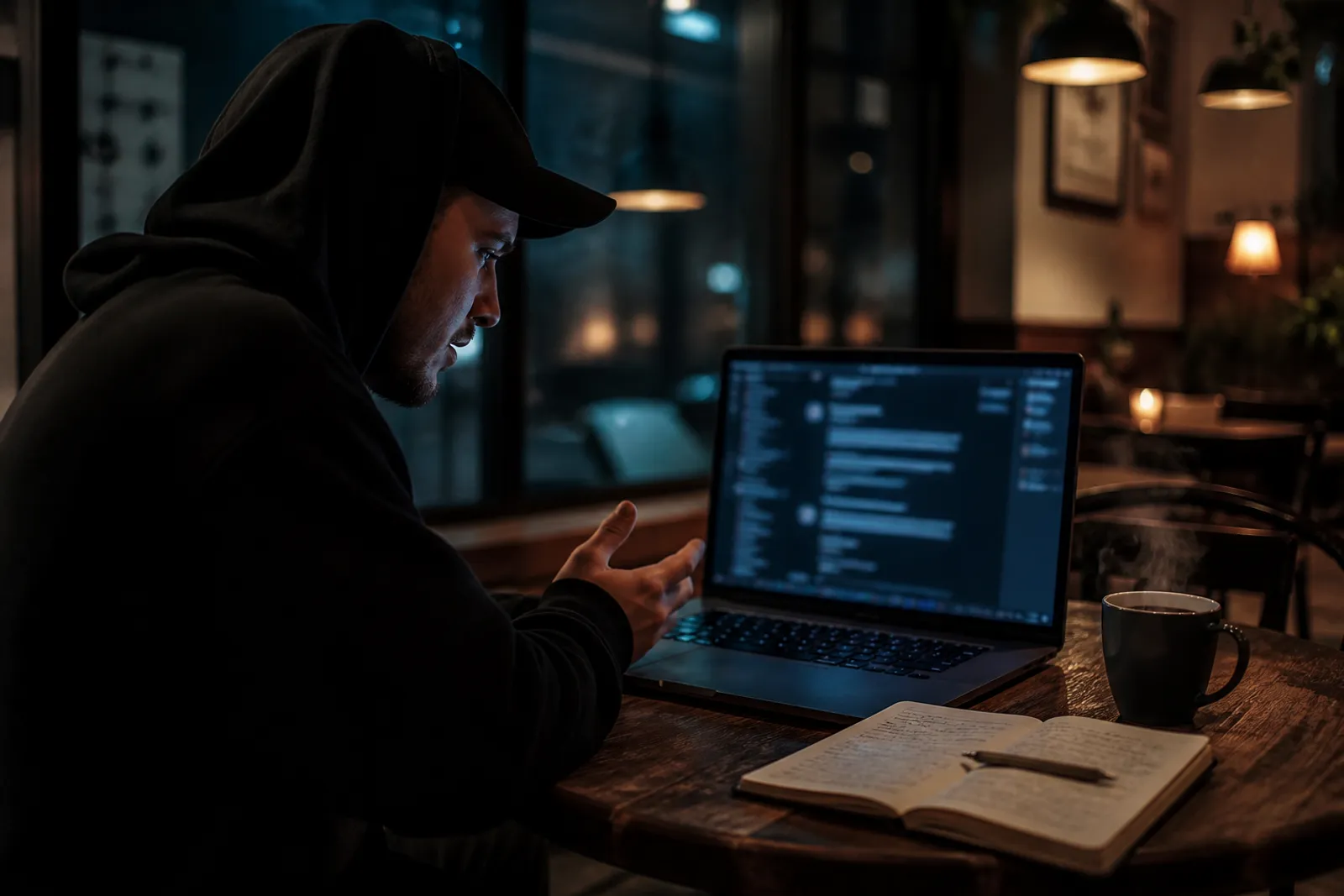 A user engages in a discussion about dark web chat rooms in a cozy café.