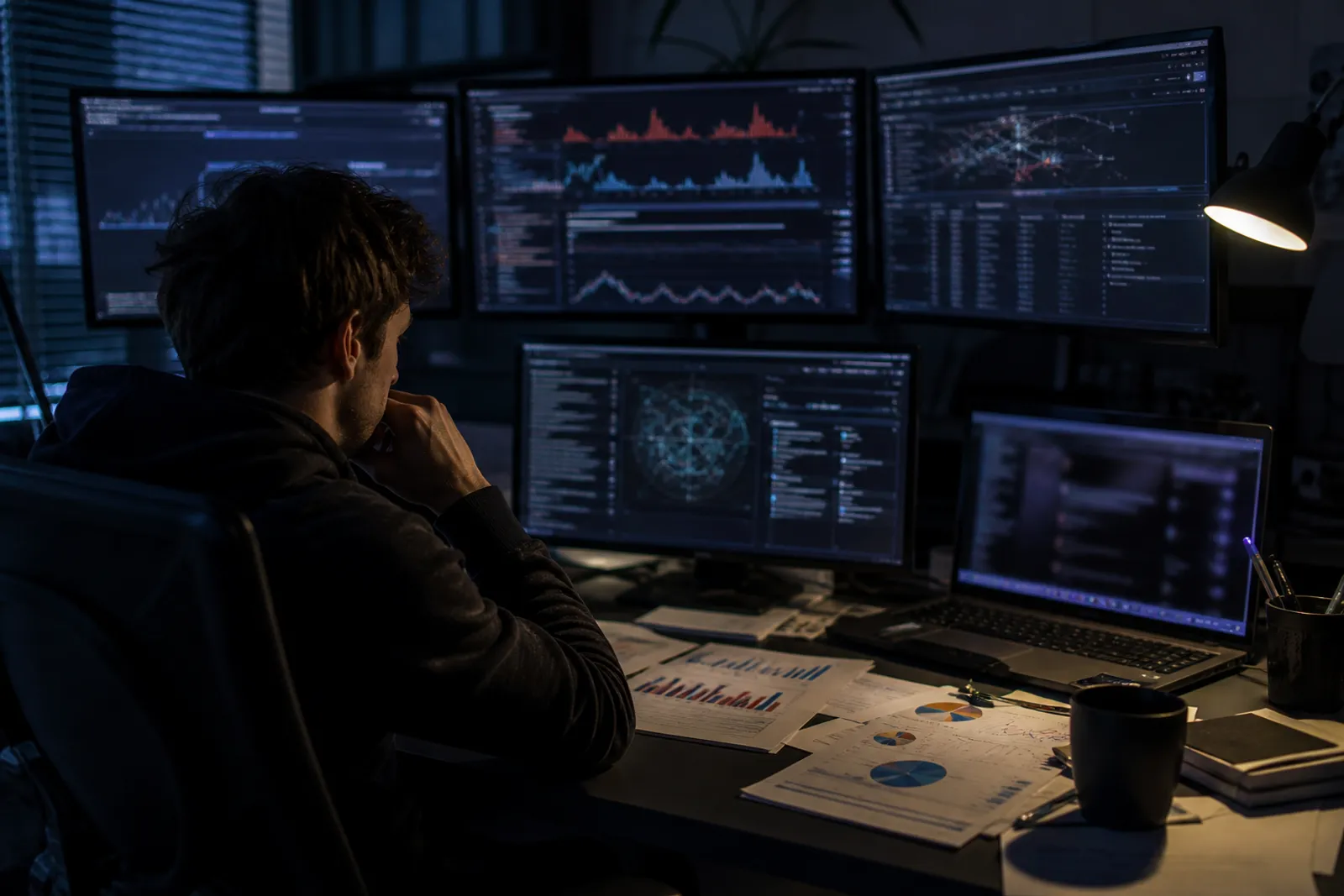A user deeply engaged in analyzing dark web search engine data on their laptop.