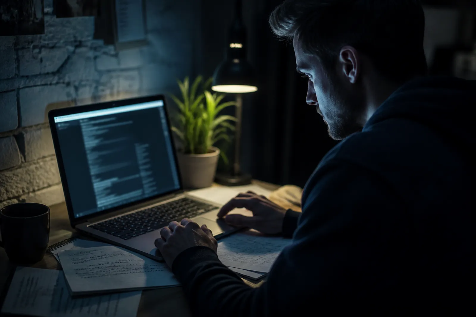 A person deeply engaged in analyzing dark web search results on their laptop.
