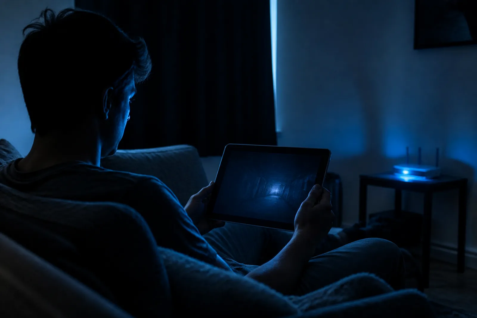 A user sits on a sofa, accessing dark web video links on a tablet.