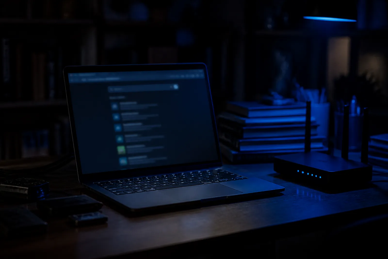 A laptop on a wooden desk with a blurred .onion search engine interface.