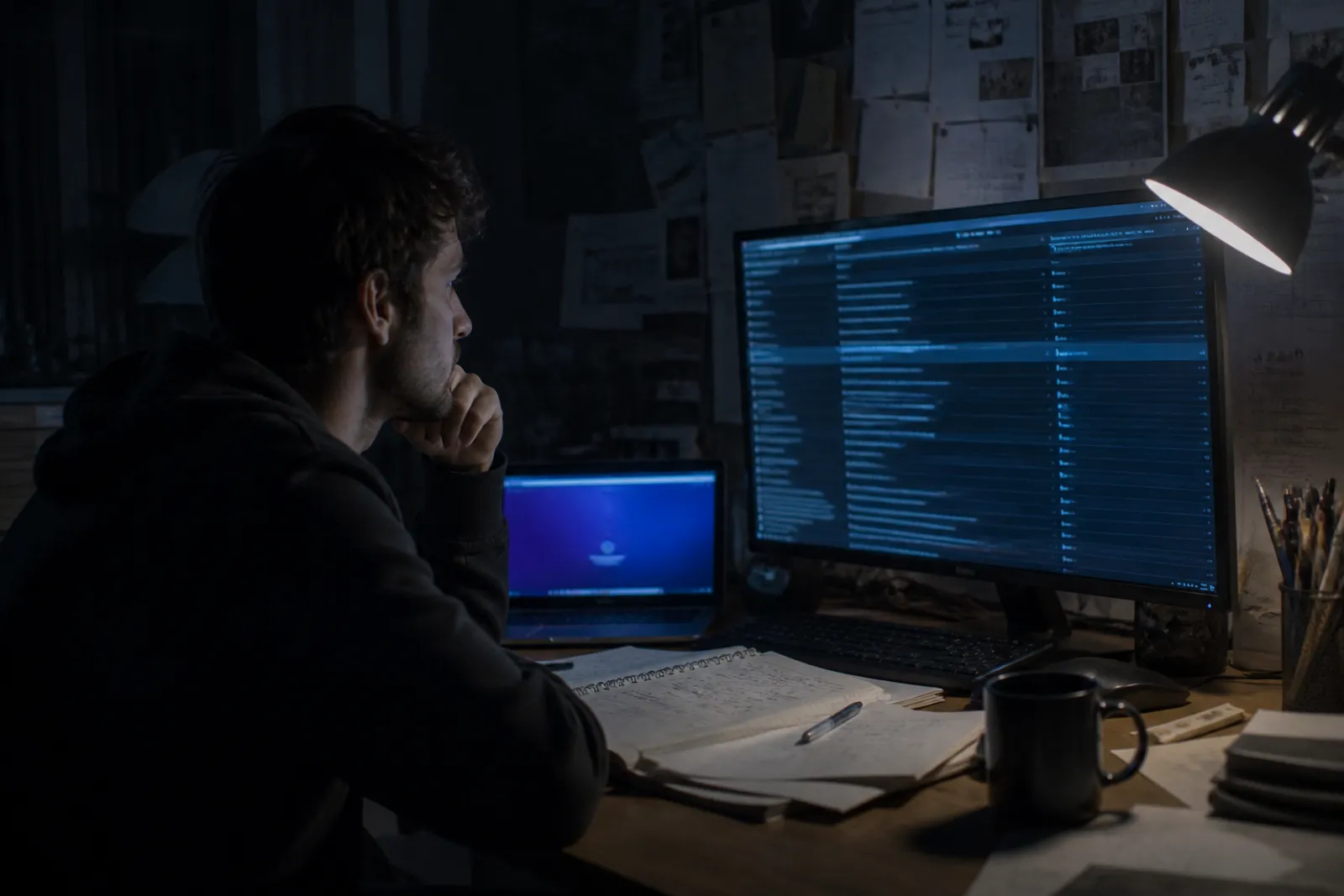 A researcher deeply engaged with a list of curated onion links displayed on a monitor.