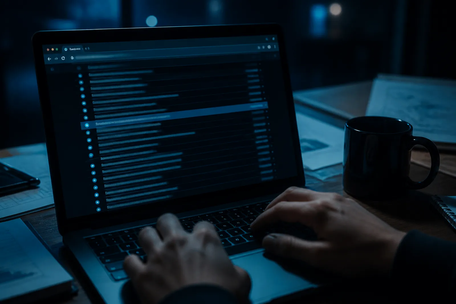 A user is exploring .onion links on a laptop in a dimly lit room.