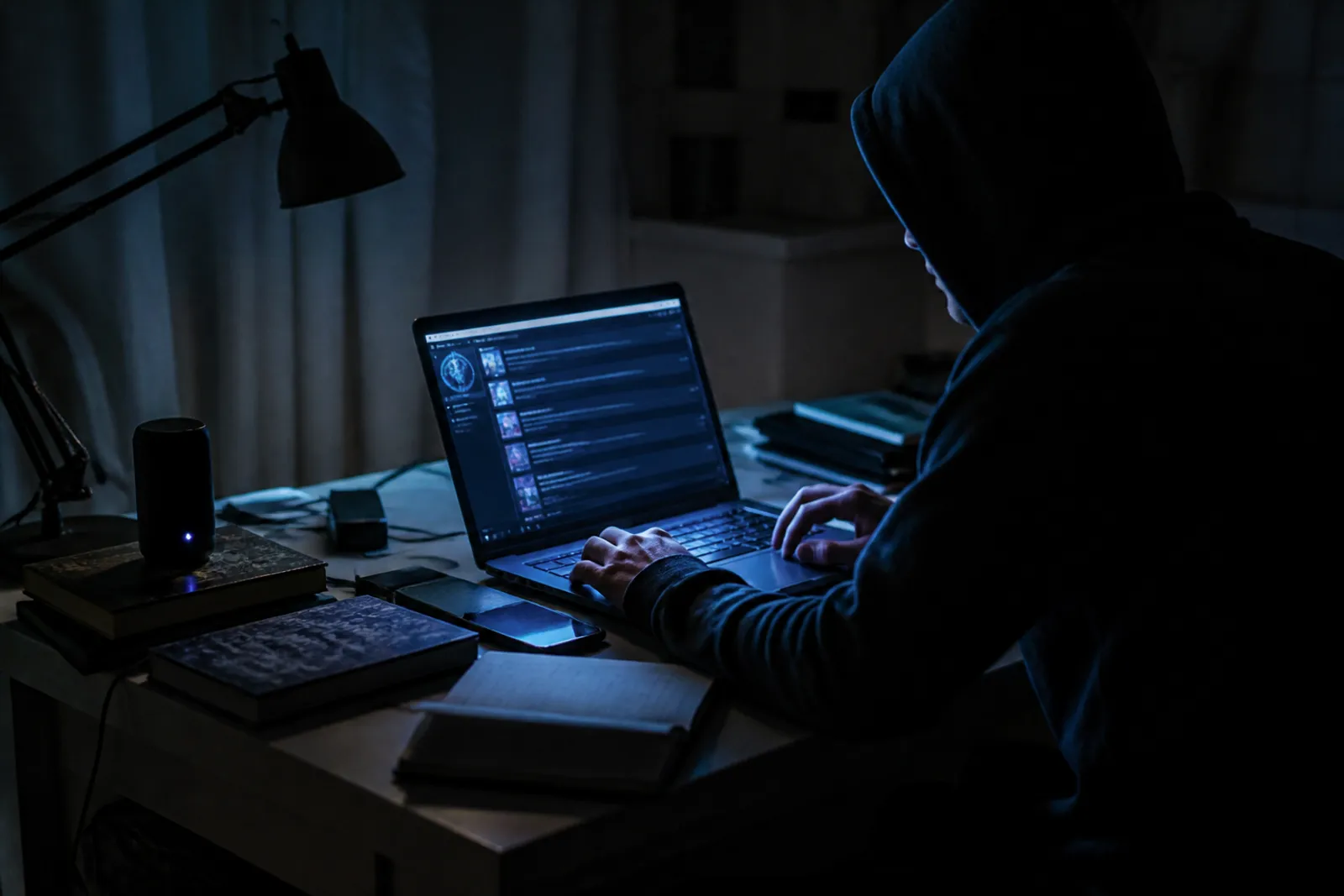 A user intently navigating hidden services on a laptop in a dark room.