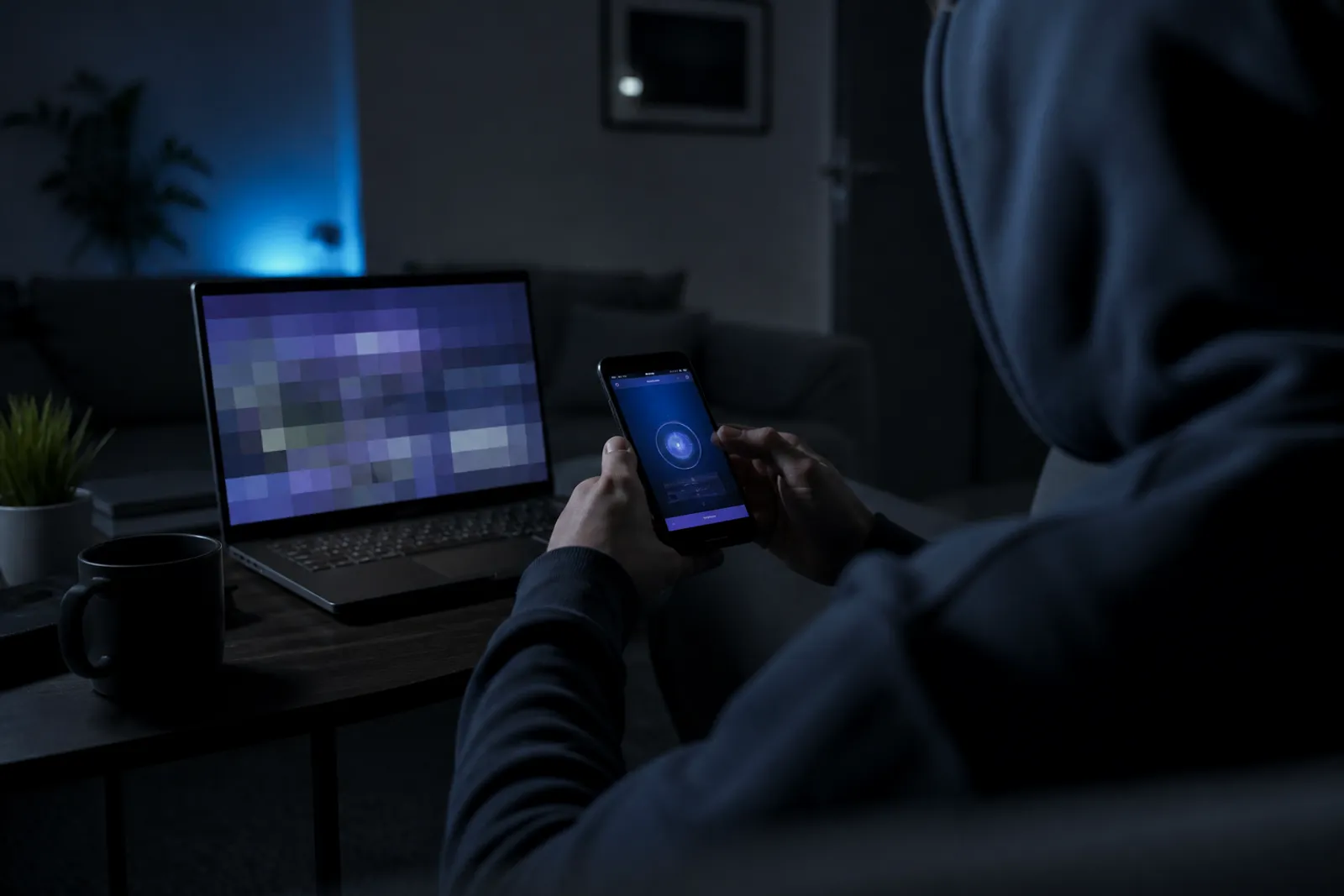 A user interacts with the Tor Browser on their smartphone in a cozy setting.