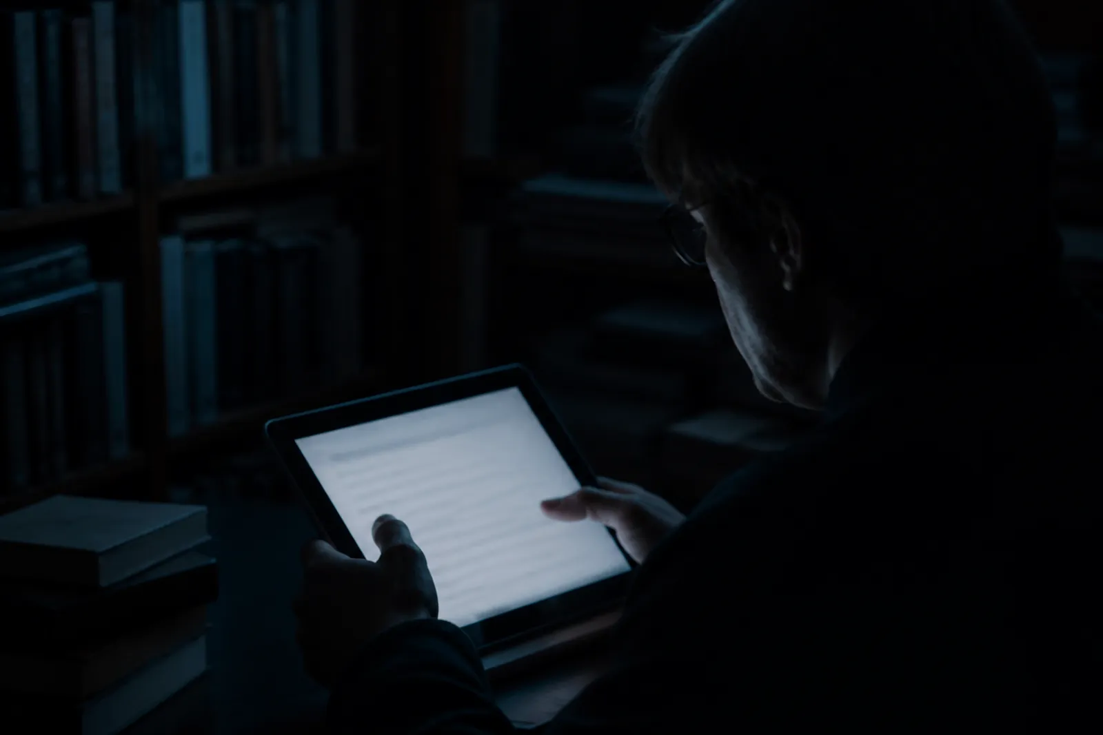 A user focused on Torch search results in a dimly lit room.