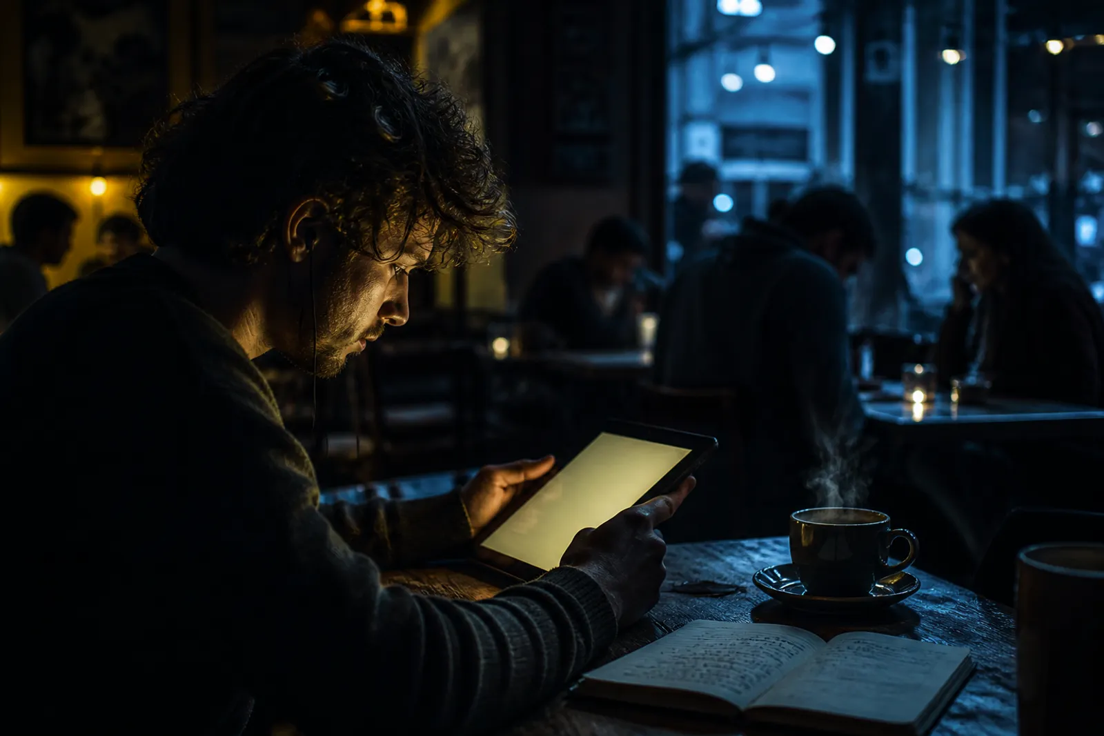 A user engaged in deep web exploration at a cafe with a tablet.