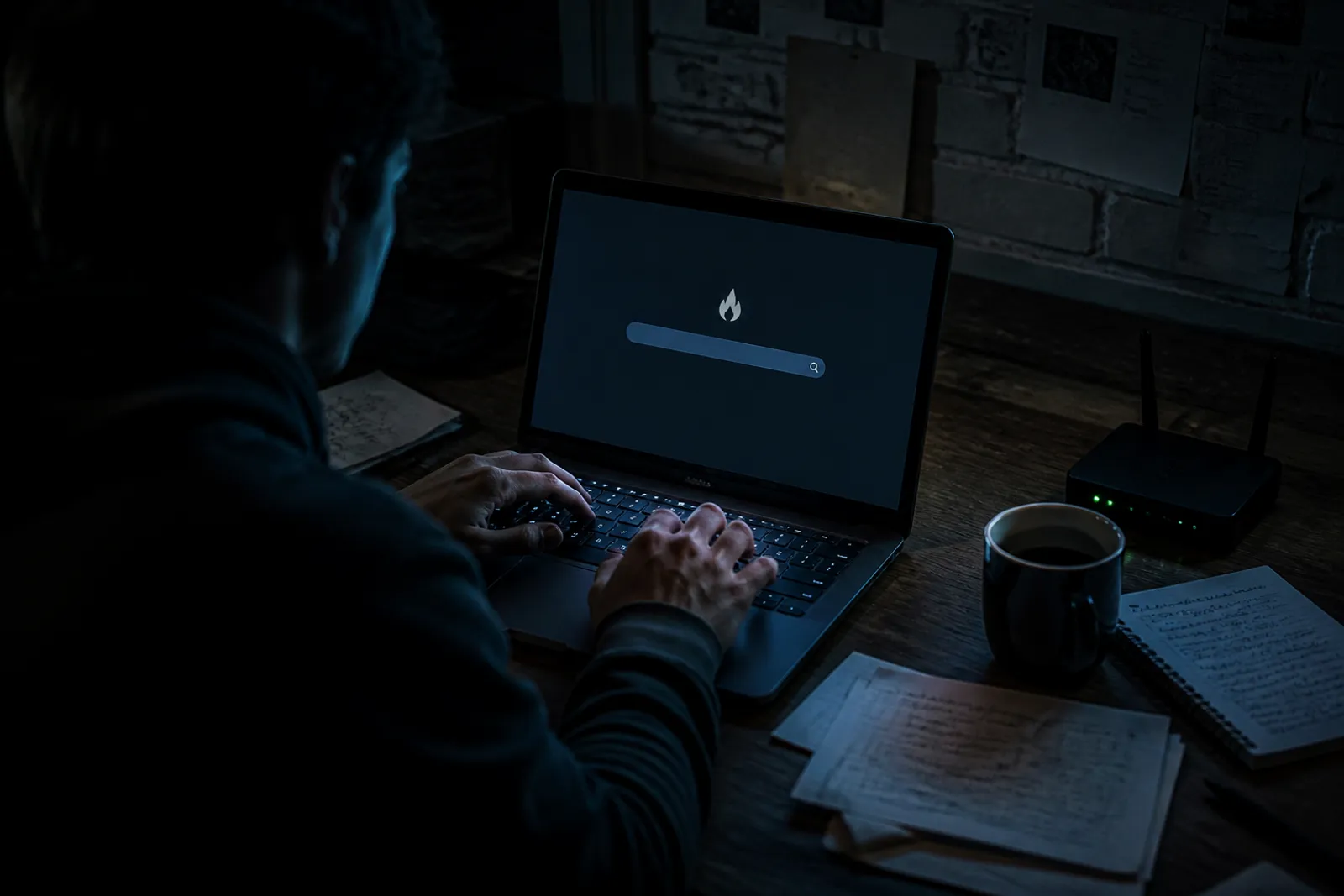 A user engages with the Torch search engine in a cozy, dimly lit workspace.