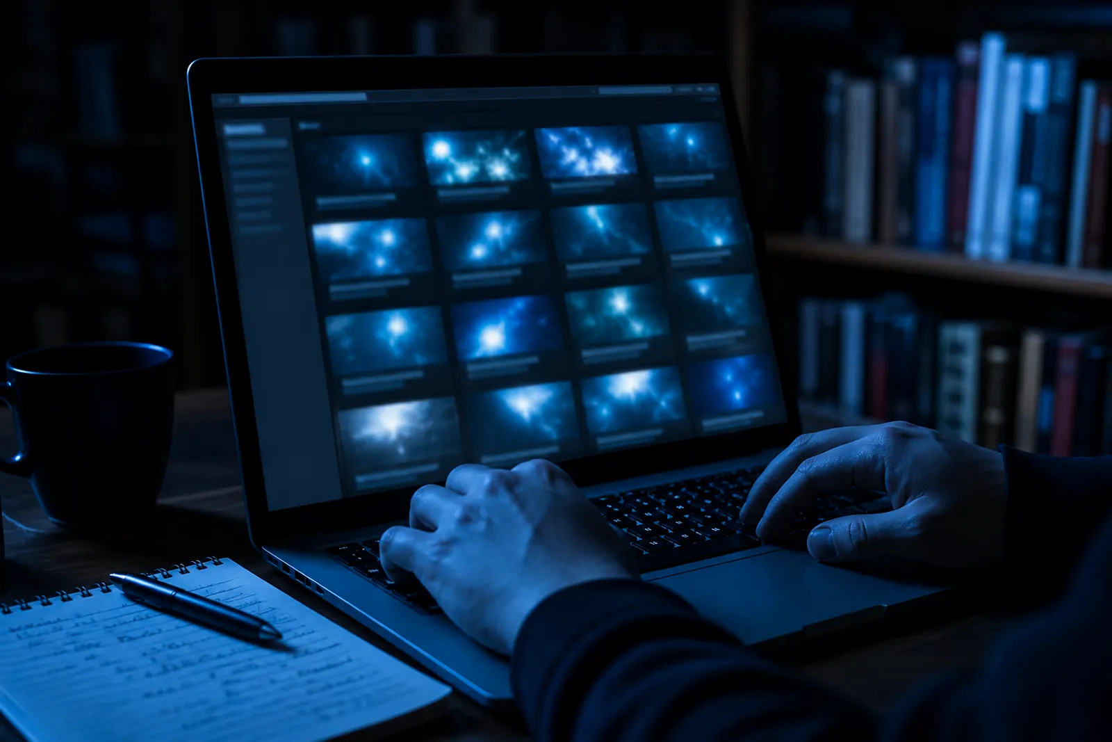 A user is browsing a curated list of .onion websites in a dimly lit room.